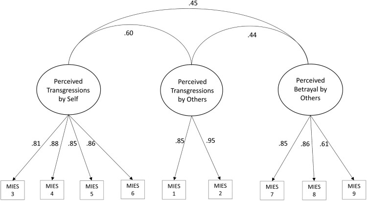 Item loadings for each factor and inter-factor correlation coefficients are presented.