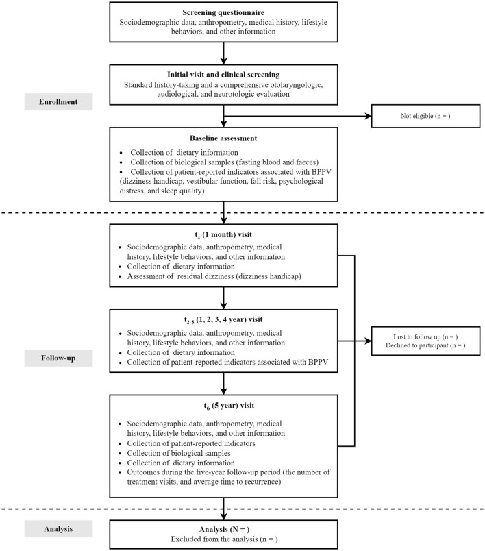 Flowchart of a clinical study process begins with a screening questionnaire assessing sociodemographic data and lifestyle. Enrollment involves initial clinical screening and baseline assessment of dietary and biological data. Follow-up includes visits at one month and annually for up to five years, collecting similar information and assessing dizziness. The process tracks eligibility, participation, and follow-up loss, leading to data analysis and exclusion counts.