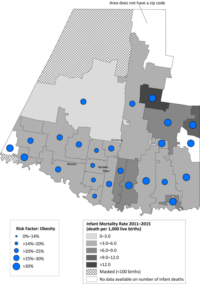 Most zip code areas in Hidalgo County had an infant mortality rate greater than 3.0 to 6.0 per 1,000 live births. One zip code in the northeastern part of the county had an infant mortality rate greater than 12.0. The prevalence of prepregnancy obesity was greater than 30%, particularly in zip codes with high infant mortality. The northeasternmost section of the county does not have a zip code, so no mortality or obesity data are available there.