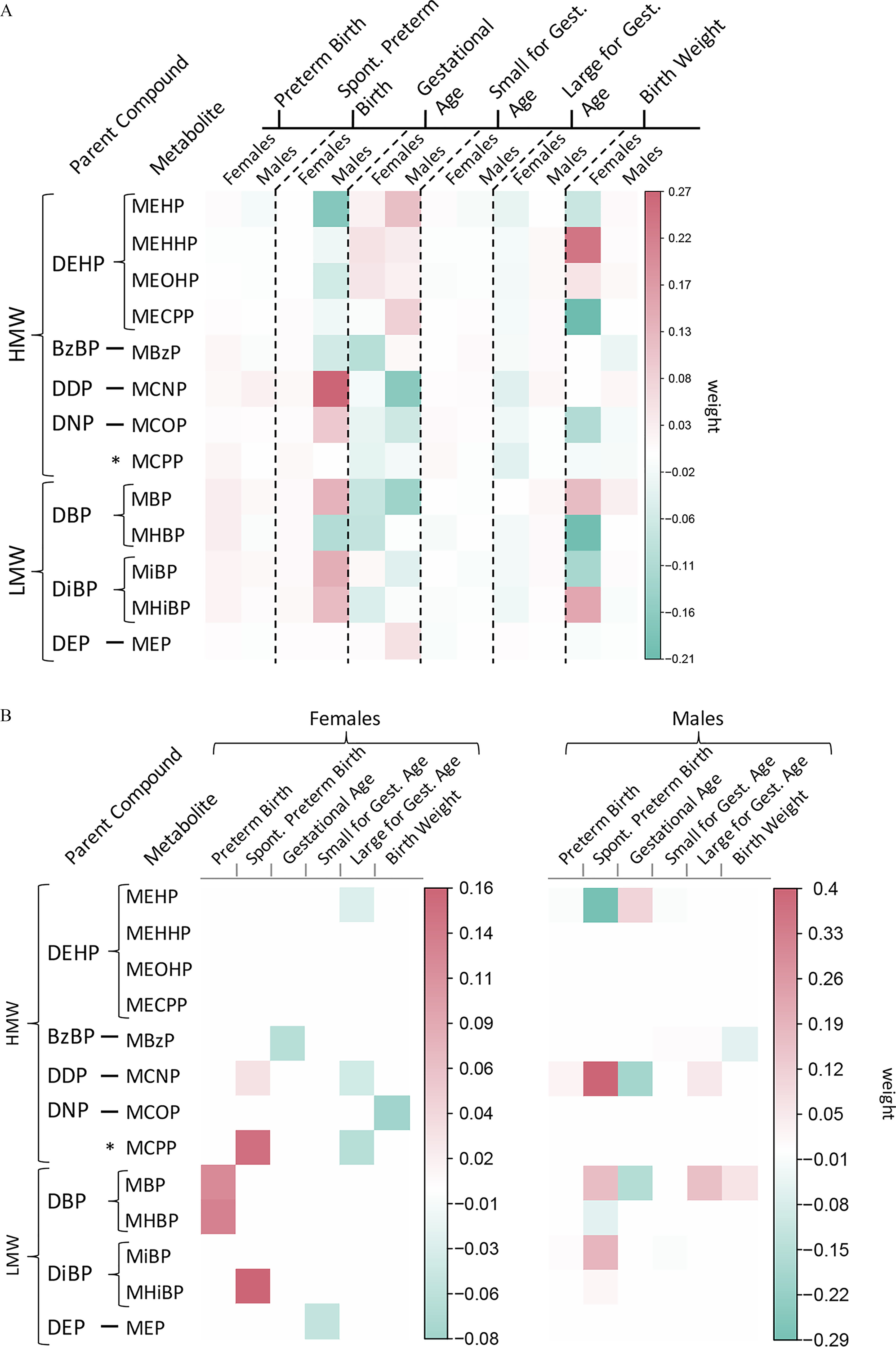 Figure 1A is a heatmap, plotting females and males each grouped under the following, Preterm Birth, Spontaneous Preterm Birth, Gestational Age, Small for gestational age, Large for gestational age, and Birth Weight (columns) across High molecular weight and Low molecular weight (rows). The high molecular weight category is further groups by parent compound, including Di-2-ethylhexyl phthalate, Benzylbutyl phthalate, Di-isodecyl phthalate, and Di-isononyl phthalate. These parent phthalates are then further grouped into their metabolites. The metabolites in Di-2-ethylhexyl phthalate include Mono-(2-ethylhexyl) phthalate, Mono(2-ethyl-5-hydroxyhexyl) phthalate, Mono(2-ethyl-5-oxohexyl) phthalate, and Mono(2-ethyl-5-carboxypentyl) phthalate; in Benzylbutyl phthalate includes Monobenzyl phthalate; in Di-isodecyl phthalate includes Monocarboxy-isononyl phthalate; in Di-isononyl phthalate includes Monocarboxyoctyl phthalate; and Mono(3-carboxypropyl) phthalate is shown as a high molecular weight metabolite that does not come from one specific parent phthalate. The low molecular weight category is further grouped by parent compound, including Di-n-butyl phthalate, diisobutyl phthalate, and diethyl phthalate. These parent phthalates are then further grouped into their metabolites. Di-n-butyl phthalate includes Mono-n-butyl phthalate ad mono-3-hydroxybutyl phthalate; diisobutyl phthalate includes mono-isobutyl phthalate and mono-2-methyl-2-hydroxypropyl phthalate; and di-ethyl phthalate includes mono-ethyl phthalate. A scale depicting weight is ranging from negative 0.21 to negative 0.06 in increments of 0.05; negative 0.06 to negative 0.02 in increments of 0.04; negative 0.02 to 0.27 in increments of 0.05. Figure 1B is a set of two heatmaps, plotting Preterm Birth, Spontaneous Preterm Birth, Gestational Age, Small for gestational age, Large for gestational age, and Birth Weight each grouped under females and males (columns) across High molecular weight and Low molecular weight (rows). The high molecular weight category is further groups by parent compound, including Di-2-ethylhexyl phthalate, Benzylbutyl phthalate, Di-isodecyl phthalate, and Di-isononyl phthalate. These parent phthalates are then further grouped into their metabolites. The metabolites in Di-2-ethylhexyl phthalate include Mono-(2-ethylhexyl) phthalate, Mono(2-ethyl-5-hydroxyhexyl) phthalate, Mono(2-ethyl-5-oxohexyl) phthalate, and Mono(2-ethyl-5-carboxypentyl) phthalate; in Benzylbutyl phthalate includes Monobenzyl phthalate; in Di-isodecyl phthalate includes Monocarboxy-isononyl phthalate; in Di-isononyl phthalate includes Monocarboxyoctyl phthalate; and Mono(3-carboxypropyl) phthalate is shown as a high molecular weight metabolite that does not come from one specific parent phthalate. The low molecular weight category is further grouped by parent compound, including Di-n-butyl phthalate, diisobutyl phthalate, and diethyl phthalate. These parent phthalates are then further grouped into their metabolites. Di-n-butyl phthalate includes Mono-n-butyl phthalate ad mono-3-hydroxybutyl phthalate; diisobutyl phthalate includes mono-isobutyl phthalate and mono-2-methyl-2-hydroxypropyl phthalate; and di-ethyl phthalate includes mono-ethyl phthalate. A scale depicting weight is ranging from negative 0.08 to 0.16 in increments of 0.02 and negative 0.29 to 0.4 in increments of 7.