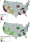 Figure 1A depicts estimated population weighted mean for 1988 to 2015 for counties in the Surveillance Epidemiology End Results database for Ambient particulate matter 2.5, in micrograms per meter cubed, ranging from 3.2 to 16 in increments of 12.8. Figure 1B depicts average incidents rate of all cancer for counties in the Surveillance Epidemiology End Results database for Cancer Incidence Rate, ranging from 170 to 870 plus in increments of 700.