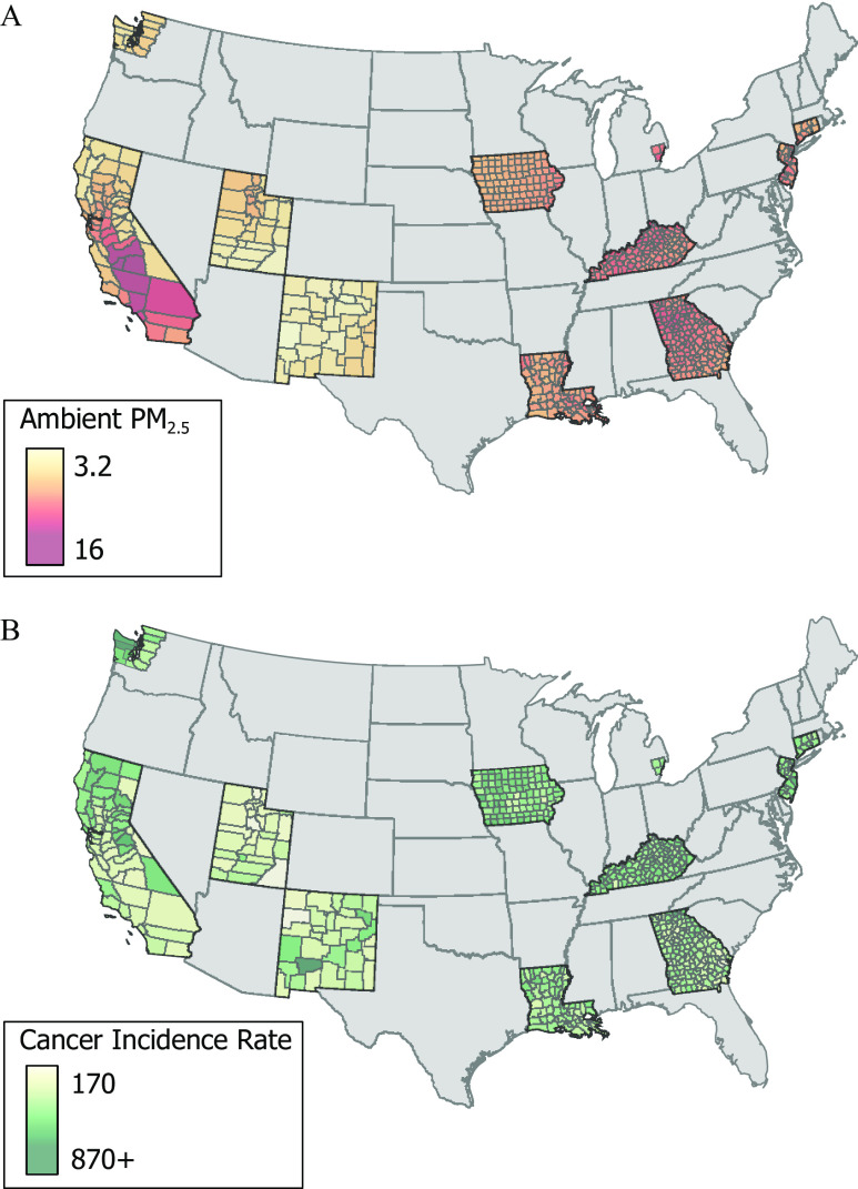 Figure 1A depicts estimated population weighted mean for 1988 to 2015 for counties in the Surveillance Epidemiology End Results database for Ambient particulate matter 2.5, in micrograms per meter cubed, ranging from 3.2 to 16 in increments of 12.8. Figure 1B depicts average incidents rate of all cancer for counties in the Surveillance Epidemiology End Results database for Cancer Incidence Rate, ranging from 170 to 870 plus in increments of 700.