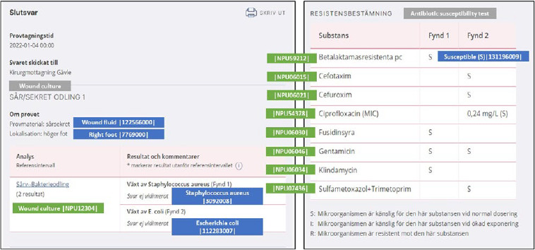 The green boxes indicate that the message file from the LIMS/HIS include NPU codes for the analyses. SNOMED CT codes can also be included for information about the specimen and the findings. The grey boxes include translations of the headings from Swedish to English in the figure.