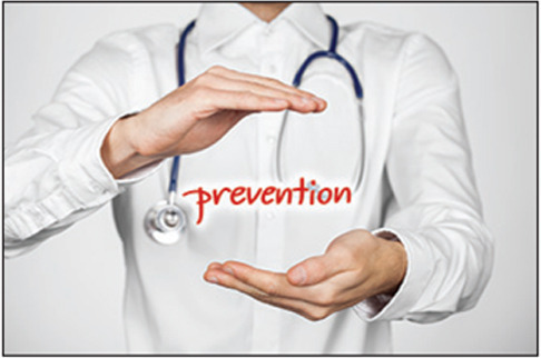 Healthcare prevention doctor (general practitioner) concept. Doctor with protective gesture and text prevention.