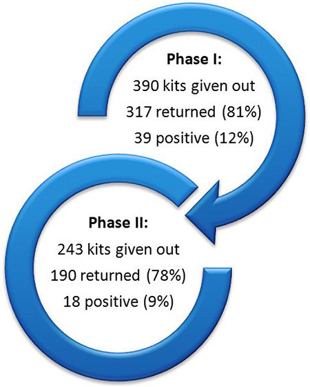 The figure consists of 2 circular arrows. The top circular arrow contains the results for Phase I: 390 kits given out, 317 (81%) kits returned, and 39 (12%) positive tests. This top circular arrow leads into the lower circular arrow, which contains the results for Phase II: 243 kits given out, 190 (78%) kits returned, and 18 (9%) positive tests.