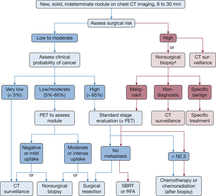 Pre-coronavirus disease 19 management algorithm for the evaluation of 8- to 30-mm solid nodules. aBronchoscopy or transthoracic needle biopsy. RFA = radiofrequency ablation; SBRT = stereotactic body radiation therapy. (Reprinted with permission from Gould et al. [4])