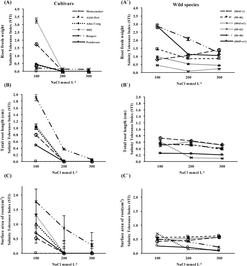 Figure 3. Salt tolerance, as expressed by the salt tolerance index (STI) of root fresh weight (A and A′), total root length (B and B′) and root surface area (C and C′) of in vitro-cultured shoot apices from six S. lycopersicum cultivars (‘Moneymaker’, ‘Aichi-first,’ ‘Ailsa Craig’, ‘M82’, ‘Rutgers’ and ‘Ponderosa’) and two accessions of the wild species of S. peruvianum (lines 0043-1 and 0046) and four accessions of S. pimpinellifolium (lines 0041w1, 0043, 0048 and 0049-w1).Values are means ±SE, (n=10) and the experiment was repeated three times.