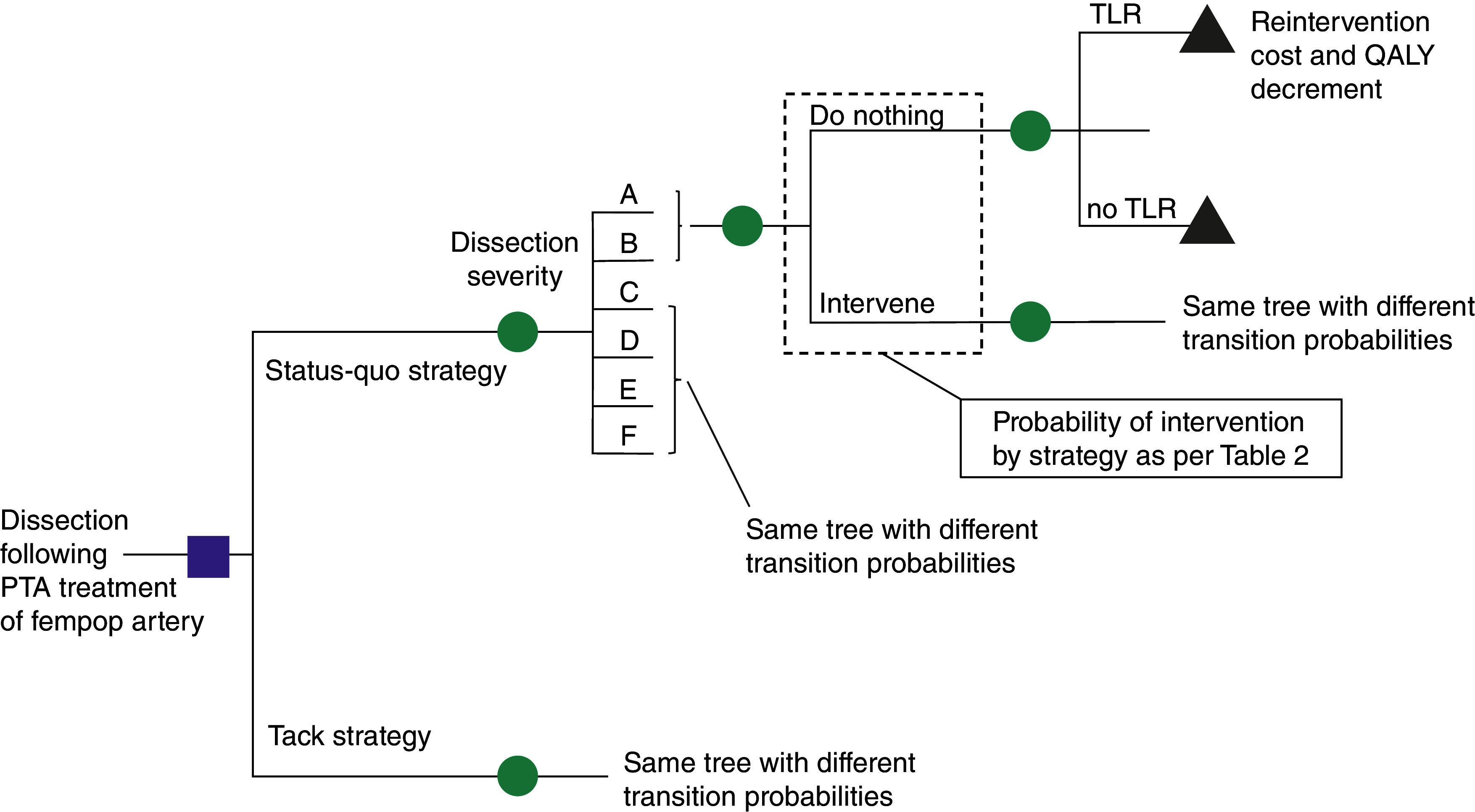 A visual representation of a decision-analytic model for superficial femoral artery endovascular interventions showing a model structure. Model structure for analyzing SFA endovascular interventions with consideration for cohort mortality and a 24-month analysis horizon.