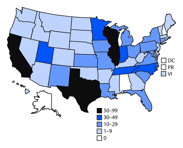 The figure is a U.S. map showing the number of cases of lung injury associated with e-cigarette use, or vaping in each of the 50 states and two territories in 2019.