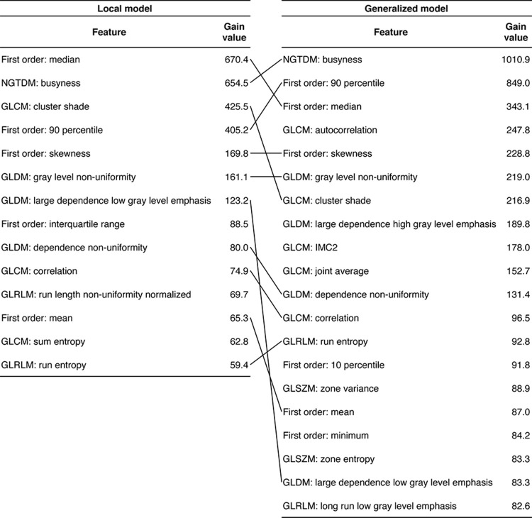 Radiomic features selected in the trained XGBoost models for patch-based analysis. Features are ranked in descending order of gain value. Features selected by both models are connected. GLCM = gray-level co-occurrence matrix, GLDM = gray-level dependence matrix, GLRLM = gray-level run-length matrix, GLSZM = gray-level size-zone matrix, IMC2 = information measure of correlation 2, NGTDM = neighboring gray-tone difference matrix.