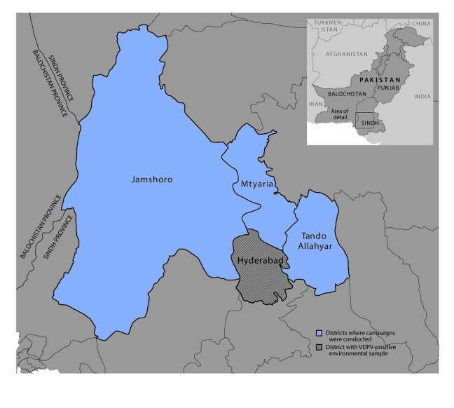 The figure above is a map showing the location of fractional inactivated poliovirus vaccine campaign in Sindh Province, Pakistan during October–November 2016.