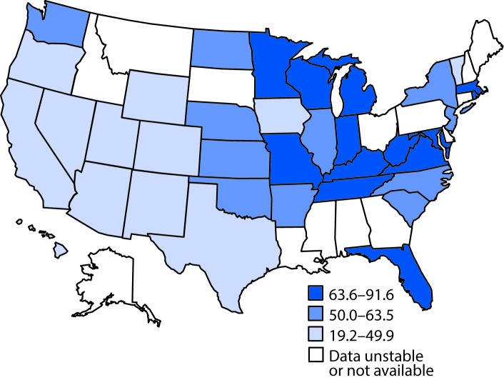 The figure above is a map showing the age-adjusted hospitalization rate (per 100,000 population) for any-listed diagnosis of Crohn’s disease in the United States in 2013.