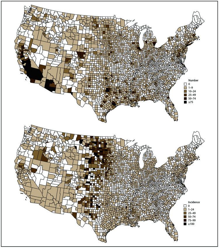 The figure presents a pair of U.S. maps displaying the total number and cumulative incidence of West Nile virus neuroinvasive disease cases by county of residence during 2009-2018.