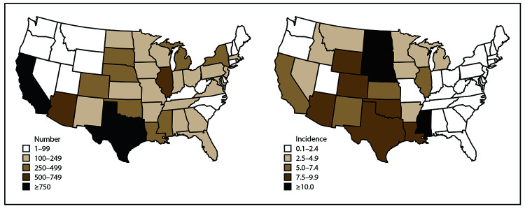 The figure presents a pair of U.S. maps displaying the total number and cumulative incidence of West Nile virus neuroinvasive disease cases by state of residence during 2009-2018.