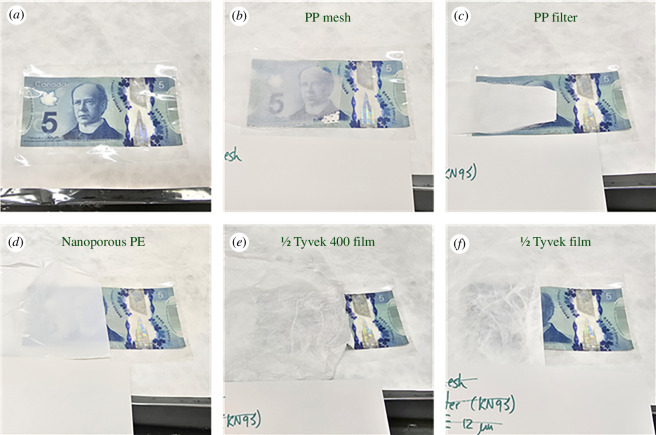 Canadian $5 bill sealed in a transparent PP pouch with different scattering polyolefin fabrics and films on top for visual comparison of opacity