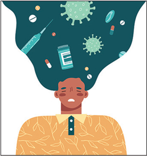 Young woman suffering from negative thoughts on white copy space background. Medicines, syringe in long hair. Overthinking during coronavirus outbreak, lockdown. Flat cartoon vector illustration.