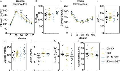 Figures 6A and 6C are plots with standard error of the mean plotting the concentration of glucose in milligrams per deciliter (y-axis) for the glucose tolerance test and insulin tolerance test, respectively, and glucose levels are measured from 0 till 120 minutes every 30 minutes (x-axis). Figures 6B and 6D plot the area under the curve during glucose tolerance and insulin tolerance tests, respectively. Figures 6E, 6F, 6G, and 6H plot the concentrations of glucose in milligrams per deciliter, concentrations of leptin in nanograms per milliliter, concentrations of insulin in nanograms per milliliter, and concentrations of adiponectin in micrograms per milliliter, respectively. The figure represents data from male animals from set 2 in utero exposed to DMSO, TBT, 50 nanomolar DBT, and 500 nanomolar DBT.