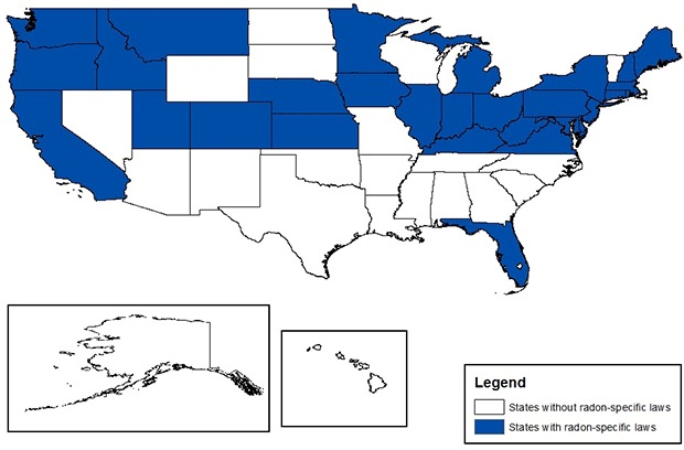 Figure 2 consists of a map of states that have radon-specific laws. These states are California, Colorado, Connecticut, Delaware, Florida, Idaho, Illinois, Indiana, Iowa, Kansas, Kentucky, Maine, Maryland, Massachusetts, Michigan, Minnesota, Montana, Nebraska, Nevada, New Hampshire, New Jersey, New York, Ohio, Oregon, Pennsylvania, Rhode Island, Utah, Virginia, Washington, and West Virginia.