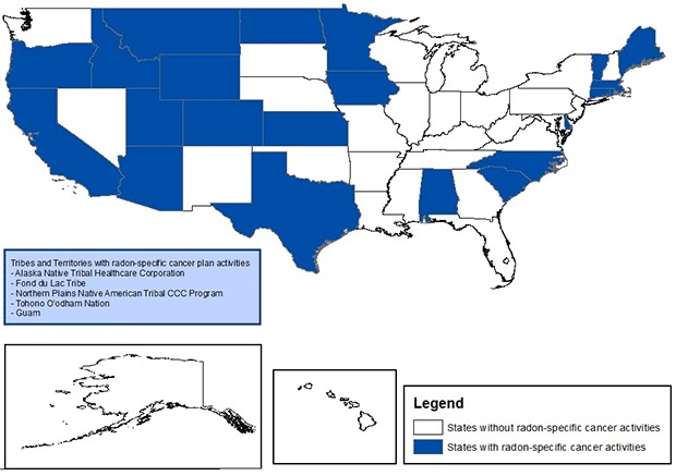 Figure 1 consists of a map of states that have radon-specific activities in their cancer plans. These states are Alabama, Arizona, California, Colorado, Connecticut, Delaware, Idaho, Iowa, Kansas, Maine, Massachusetts, Minnesota, Montana, North Carolina, North Dakota, Oregon, Rhode Island, Texas, Utah, Vermont, and Wyoming.