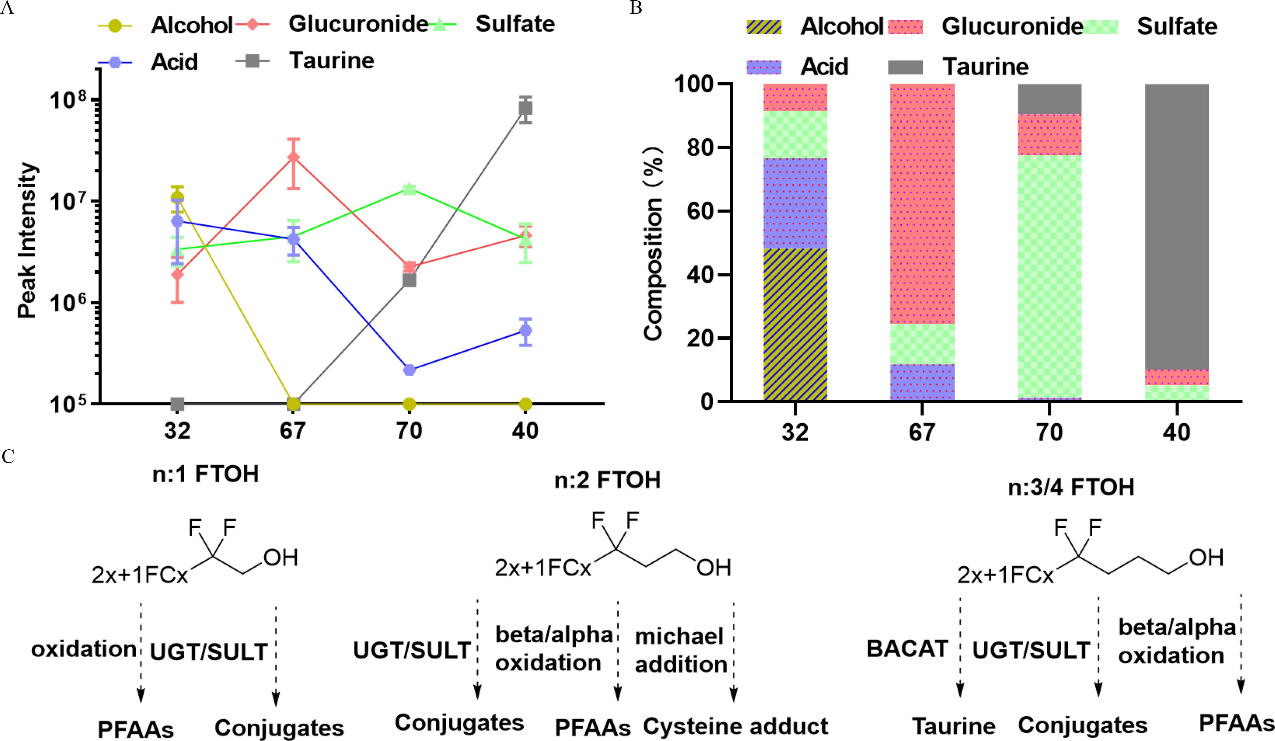 Figure 5A is a line graph, plotting peak intensity, ranging as 10 begin superscript 5 end superscript, 10 begin superscript 6 end superscript, 10 begin superscript 7 end superscript, and 10 begin superscript 8 end superscript (y-axis) across metabolites, ranging as 32, 67, 70, and 40 (x-axis) for alcohol, glucuronide, sulfate, acid, and taurine. Figure 5B is a stacked bar graph, plotting composition (percentage), ranging from 0 to 100 in increments of 20 (y-axis) across metabolites, ranging as 32, 67, 70, and 40 (x-axis) for alcohol, glucuronide, sulfate, acid, and taurine. Figure 5C is a representative chemical structure of proposed metabolism pathways for fluorotelomer alcohols with different numbers of hydrocarbons. The three structures are lowercase n to 1 fluorotelomer alcohols, lowercase n to 2 fluorotelomer alcohols, and lowercase n to 3 or 4 fluorotelomer alcohols.