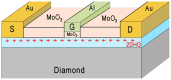 Schematic cross-sectional view of a diamond-based MOSFET device utilizing the 2DHG conduction channel in H-terminated diamond protected by a MoO3 capping layer.
