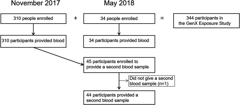 Figure 2 is a flow chart with four steps. Step 1: In November, 2017, 310 people were enrolled plus In May, 2018, 34 people were enrolled, which equals to 344 participants in the GenX exposure study. Step 2: 310 people enrolled leads to 310 participants provided blood and 34 people enrolled leads to 34 participants provided blood. Step 3: 310 participants provided blood which leads to 45 participants enrolled to provide a second blood sample. Step 4: 45 participants enrolled to provide a second blood sample, eliminating those who did not give a second blood sample (n equals 1) leads to 44 participants provided a second blood sample.