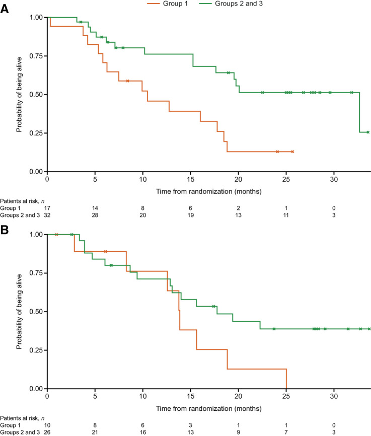 Figure 2. Kaplan–Meier curves for OS in group 1 and groups 2 and 3 combined for patients with PD-L1–positive (A) and PD-L1–negative (B) tumors.