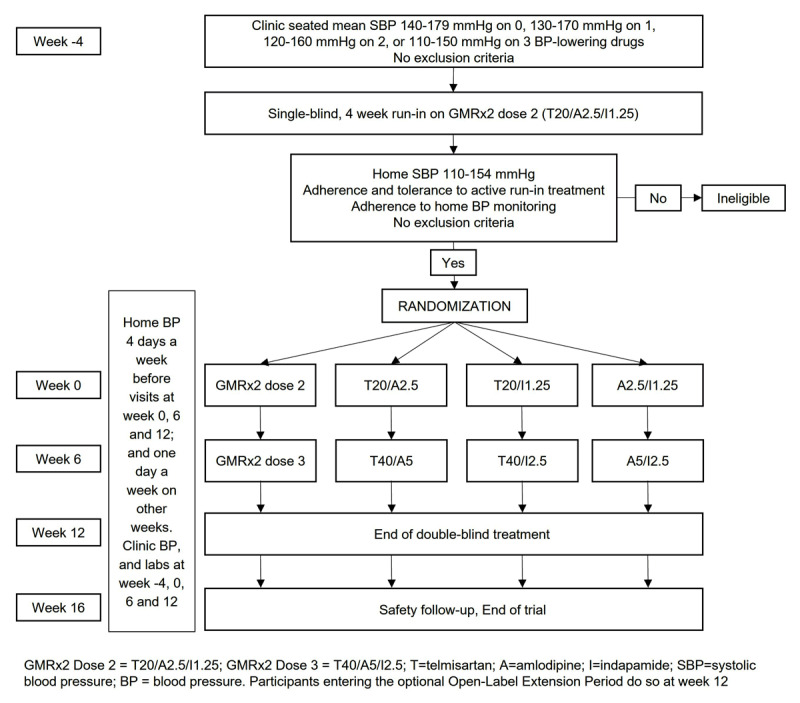 Schema for trial comparing GMRx2 with each dual combination (GMRx2 ACT)