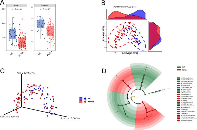 Box plots of Chao1 and Shannon diversity indices, PCoA plot with PERMANOVA analysis, 3D scatterplot of microbial diversity, and cladogram highlighting differentially abundant taxa.