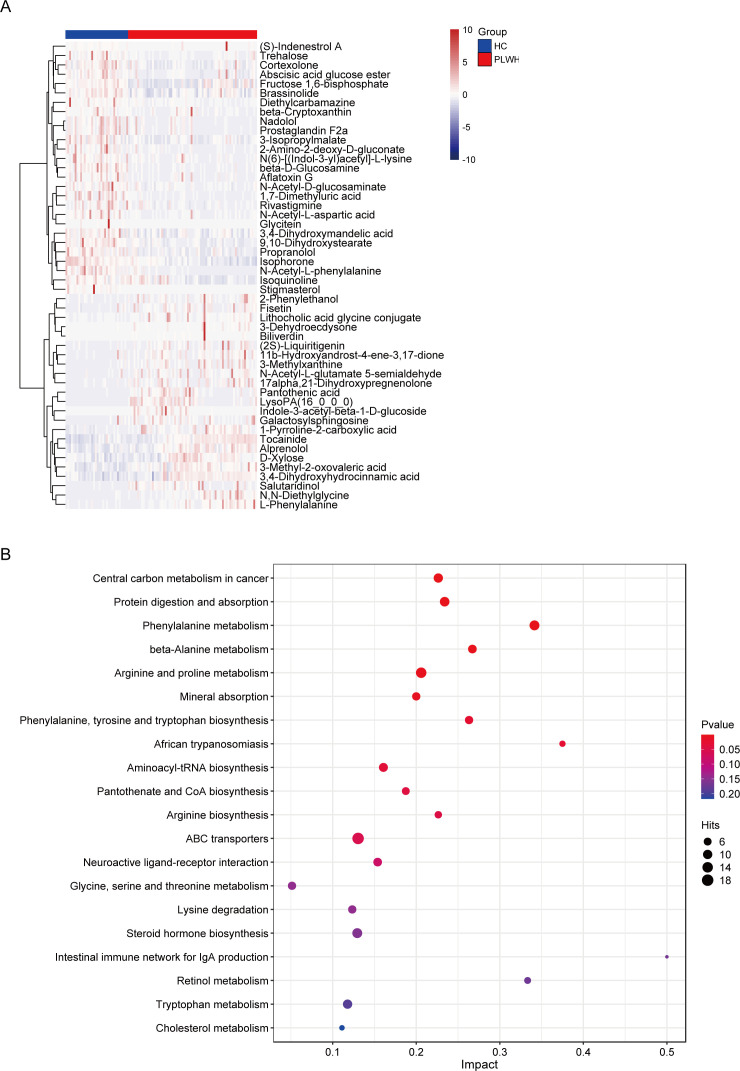 Heatmap and dot plot comparison between HC and PLWH. Heatmap displays differential expression of various metabolites, while dot plot highlights significant metabolic pathways with their impact scores and p-values.