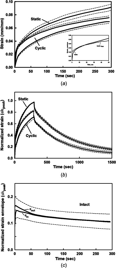 Intact specimens for static and cyclic creep strain and covered recovery. (a) single specimen (#28-05) with repeated tests (n = 3) for static and cyclic creep strain. h = 1.77 mm, β = 71.5%, and PG = 4.0% (b) Static and cyclic normalized creep strain and covered recovery for paired specimens (N = 5) withrepeated tests (n = 13 and 14). h = 1.59±0.15 mm, β = 73.9 ± 3.9%, and PG = 3.2 ± 1.1%. (c) Normalized strain envelope for the loading (εout) and unloading (εin) strains during each cycle of cyclic creep in (b). Cyclic strain envelope is indicated by superimposed sinusoidal waveform. Mean (solid) ± SEM (dashed).