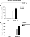 Figures 7A is a bar graph with confidence intervals plotting relative luciferase activity (y-axis) across pGL3 basic vector and SREBP-1C promoter (x-axis) for EV26 and NRF2. Figure 7B plots the corresponding values for DMSO, oleanolic acid, and SFN.