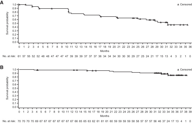 Figure 3. Duration of response and overall survival. A, Duration of response in patients with an objective response by independent review committee per the Lugano classification. B, Overall survival for all treated patients. CI, confidence interval.