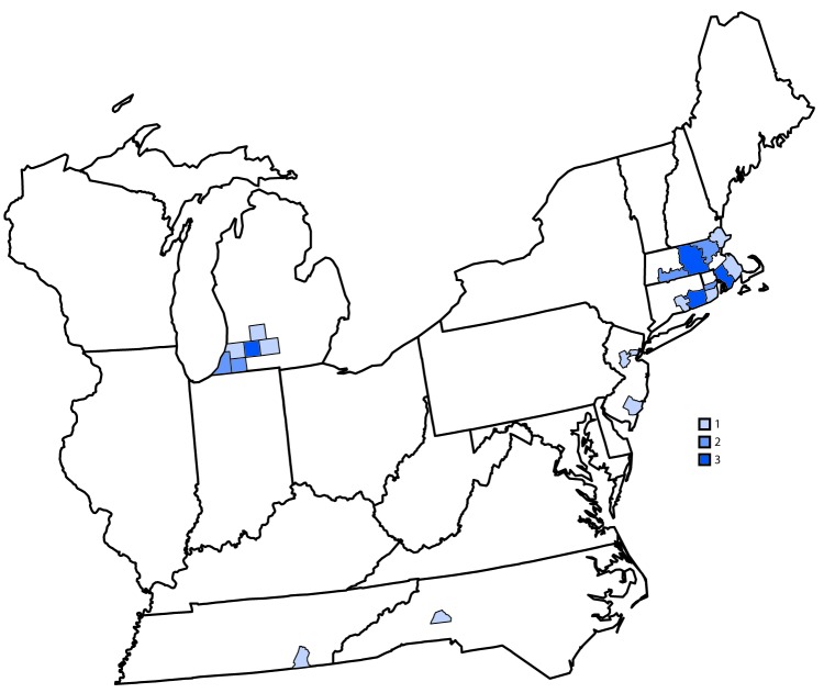 The figure is a map of the eastern United States showing the location, by county of residence, of the 34 cases of reported Eastern equine encephalitis virus disease in 2019.