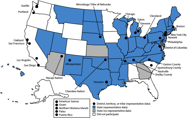 Figure is a map of the United States indicating the sites of state, tribal government, territorial, and local school district Youth Risk Behavior Surveys for 2023.