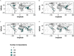 Figures 2A, 2B, 2C, and 2D are maps with latitude, ranging from negative 50 to 50 in increments of 50 and longitude, ranging from negative 100 to 200 in increments of 100 for number of associations, including 0, 100, 200, and 300.