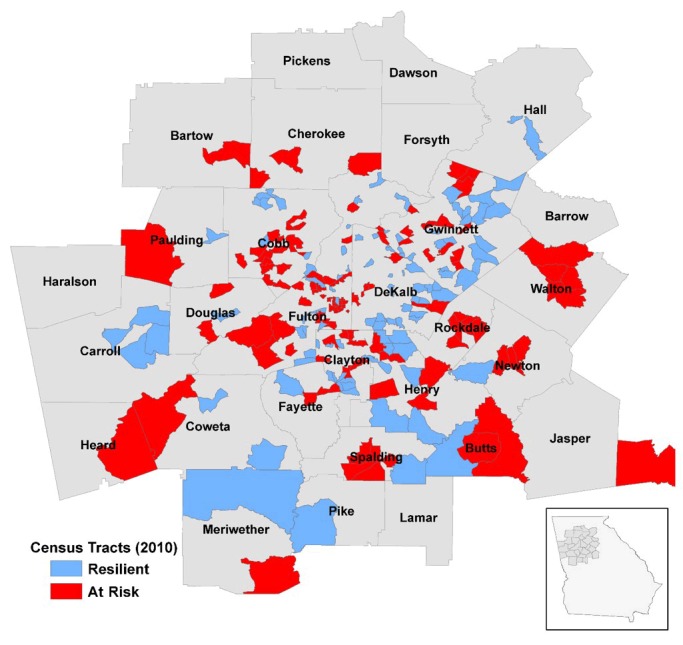 A map depicts the study region in the Atlanta, Georgia, metropolitan area with 2010 census tract boundaries delineated. Resilient and at-risk census tracts are indicated as are those that are neither resilient nor at risk. Resilient and at-risk census tracts are located throughout the study area without clustering of either resilient or at-risk tracts, and resilient and at-risk census tracts are also often adjacent to one another. An inset of the figure illustrates the location of the study region in the state of Georgia.