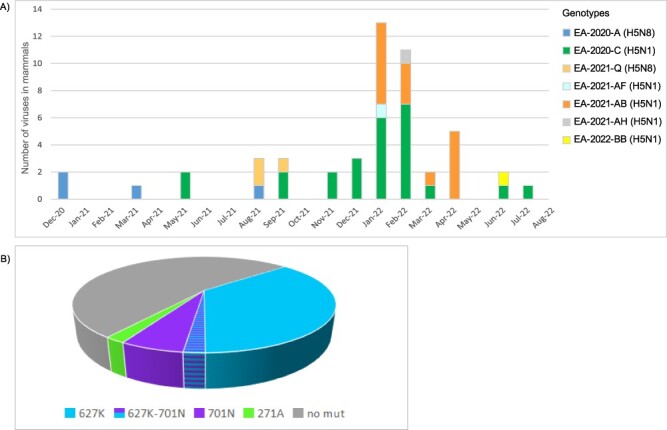 Alt text: A bar-plot displaying the European HPAI A(H5Nx) genotypes detected over time in mammals and a pie-chart showing the frequency of specific mutations in the PB2 protein.