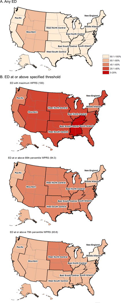 Figure: Percent of children within 30 minutes of driving time to ED with specified WPRS by census division, National Pediatric Readiness Project, 2013