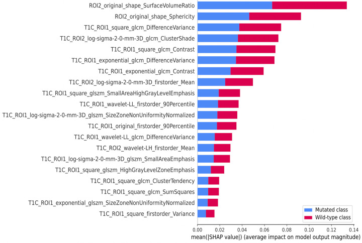 Chart of the top 20 relevant features with their importance scores measured by Shapley additive explanations (SHAP) values. The feature names are labeled as region of interest 1 (ROI1) and ROI2, representing the whole tumor and the nonenhancing tumor (NET), necrosis (NCR), and edema (ED) region of interests, respectively. glcm = gray-level co-occurrence matrix, glszm = gray-level size zone matrix, log = Laplacian of Gaussian, ROI = region of interest, wavelet-LH = wavelet filtering with low-pass and high-pass filters, wavelet-LL = wavelet filtering with low-pass filters.