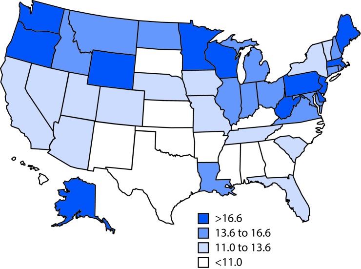 The figure above is a map of the United States showing malignant mesothelioma annualized age-adjusted death rate per 1 million population aged ≥25 years, by state, during 1999–2015.