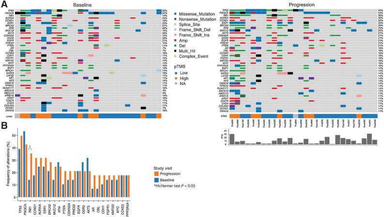 Figure 5. Specific genomic alterations are enriched at disease progression. A, Heatmaps comparing the most frequently altered genes detected at progression versus baseline by PredicineWES+ (N = 28). Color coded bars below each heatmap indicate the level of bTMB, and the bar graph above the progression heatmap indicates PFS in months for each patient. Blue arrows denote patients with dominant APOBEC signatures. B, Enrichment at progression was observed for previously reported gene alterations implicated in resistance to endocrine and/or CDK4/6i therapy including a significantly higher frequency of RB1 alterations (P = 0.04; McNemar test), and nonsignificant enrichment in AR, AURKA, CCND1, CDKNKA, ESR1, FGFR, MYC, PTEN, and TP53 alterations. In addition, nonsignificant enrichment of gene alterations not commonly linked to ET + CDK4/6i resistance such as BRCA2, CBL, CDH, KMT2D, MUC12, and PREX2 was observed at progression. Two of the enriched gene alterations (MUC12 and PREX2) were not covered by the targeted PredicineATLAS panel and were detected only through comprehensive WES.