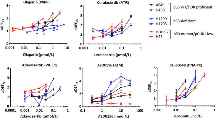 Figure 5. The relationship between drug concentration and radiopotentiation in relation to genetic subtypes. Approximate radiotherapy DEFs at approximately 75% survival (aDEF75) of each inhibitor concentration determined by clonogenic assay across cell lines. aDEF75 values are the median of two independent experiments performed in triplicate, with error bars representing upper and lower limits.