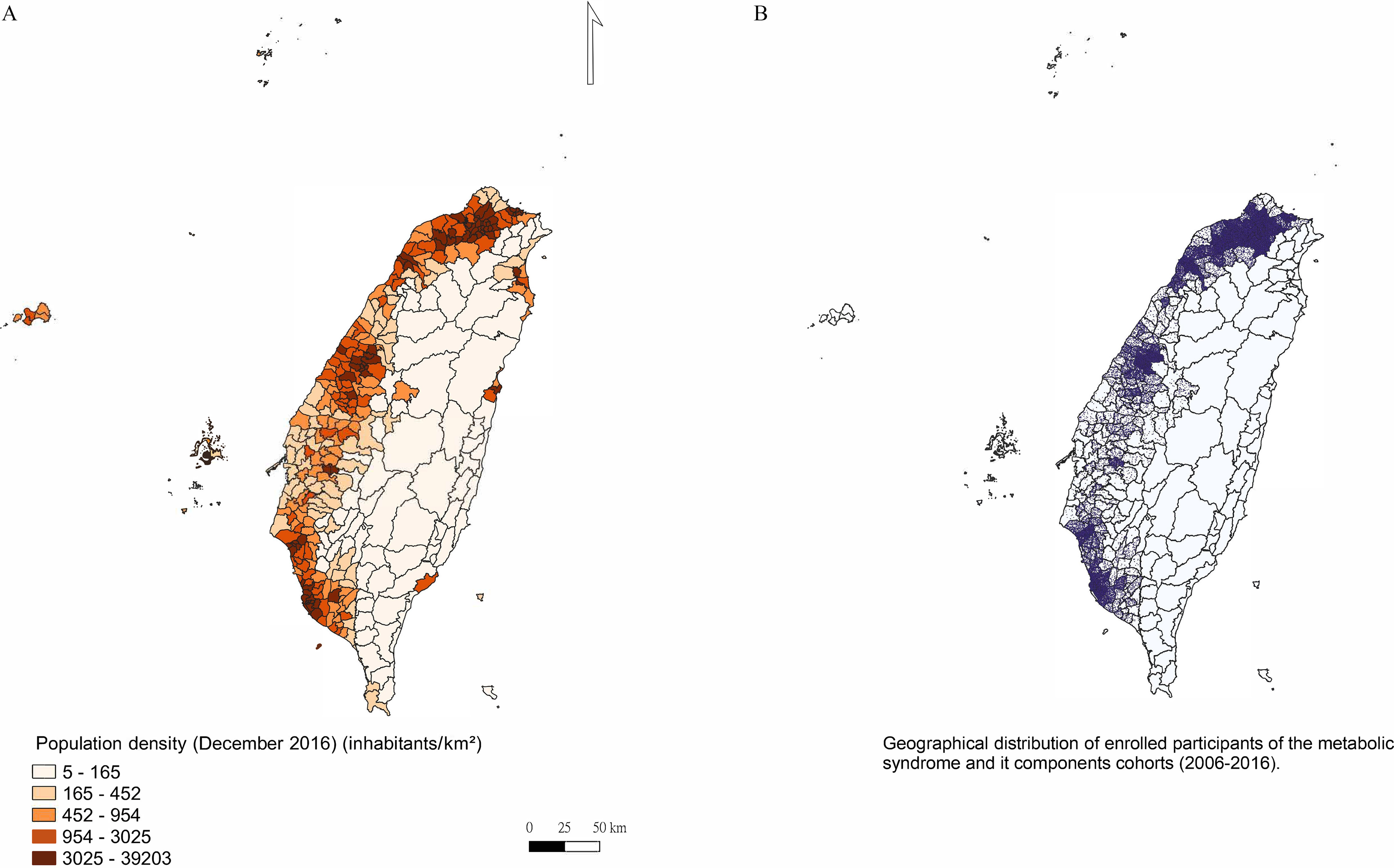 Figures 2A and 2B are maps of Taiwan. Figure 2A depicts the geographical distribution of population density in Taiwan in December 2016. The density of inhabitants per kilometer squared is divided into five categories, namely, 5 to 165, 165 to 452, 452 to 954, 954 to 3,025, and 3,025 to 39,203. Figure 2B depicts the geographical distribution of enrolled participants in the metabolic syndrome and its component cohorts from 2006 to 2016. Each dot represents one participant. A scale depicts the distance in kilometers, ranging from 0 to 50 in increments of 25.