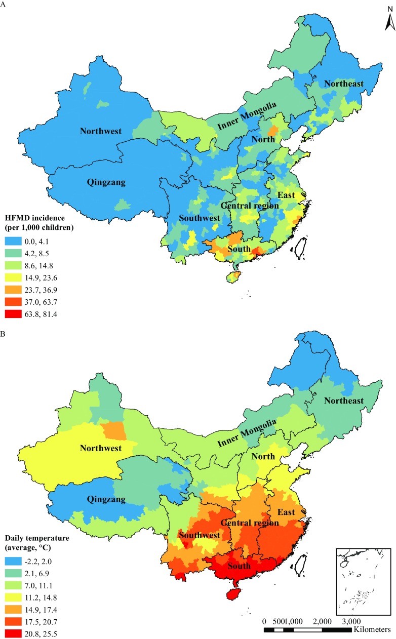 Figures 1A and 1B are maps of China marking sites with HFMD incidence per 1000 children and daily temperature in degree Celsius, respectively.