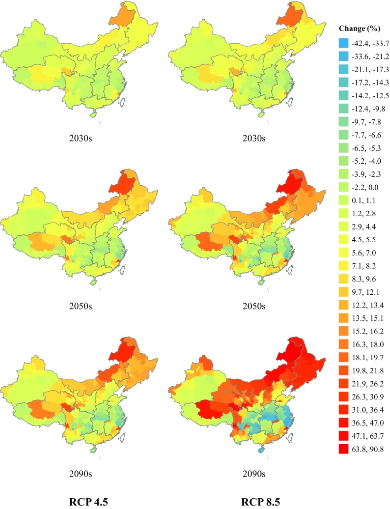 Three maps of China marking sites with percentage change in HFMD incidence estimated during 2030s, 2050s, and 2090 due to RCP 4.5, and another three due to RCP 8.5.