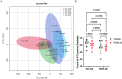 Figure 4A is a Principal component analysis plot titled Scores plot, plotting principal component 2 (3.9 percent), ranging from negative 200 to 400 in increments of 200 (y-axis) across principal component 1 (88.1 percent), ranging from negative 1500 to 1000 in increments of 500 (x-axis) for ethanol-fed P C B 126, ethanol-fed vehicle, pair-fed P C B 126, pair-fed vehicle. Figure 4B is a graph, plotting count of P-Tyrosine peptides, ranging from 35 to 55 in increments of 5 (y-axis) across pair-fed and ethanol-fed (x-axis) for vehicle and P C B 126.