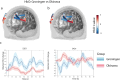 Brain activity comparison between Groningen and Okinawa groups. Panels a and b show 3D brain models with colored pathways representing HbO t-values, ranging from blue to red. Panel c includes two line graphs displaying relative HbO changes over time for both groups, with Groningen in blue and Okinawa in red.