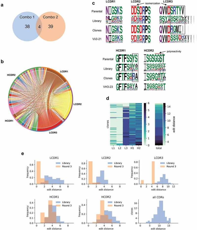 Panel A: Venn diagram with 38 clones exclusive to combo 1 library, 39 to combo 2, and 4 clones shared. Panel B: Chord diagram representing the relationship between the CDRs showing light CDRs making more connections than heavy CDRs. Panel C: sequence logo plots of the parental CDRs, naïve library CDRs and selected clones, highlighting the mutations observed many in LCDR3, HCDR1, and HCDR2. Panel D: heat map with the number of mutations observed in each selected CDR with the combined number of mutations per clone ranging from 3 to 15. Panel E: histograms comparing the number of mutations observed in each selected CDR with the naïve library.