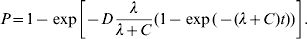 P \equals 1 \minus \exp \left[ { \minus D{\lambda \over {\lambda \plus C}}\lpar 1 \minus \exp \lpar \minus \lpar \lambda \plus C\rpar t\rpar \rpar } \right].